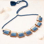 Shades of Indigo Blue Repurposed Fabric and Wood Square Choker