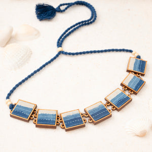 Shades of Indigo Blue Repurposed Fabric and Wood Square Choker
