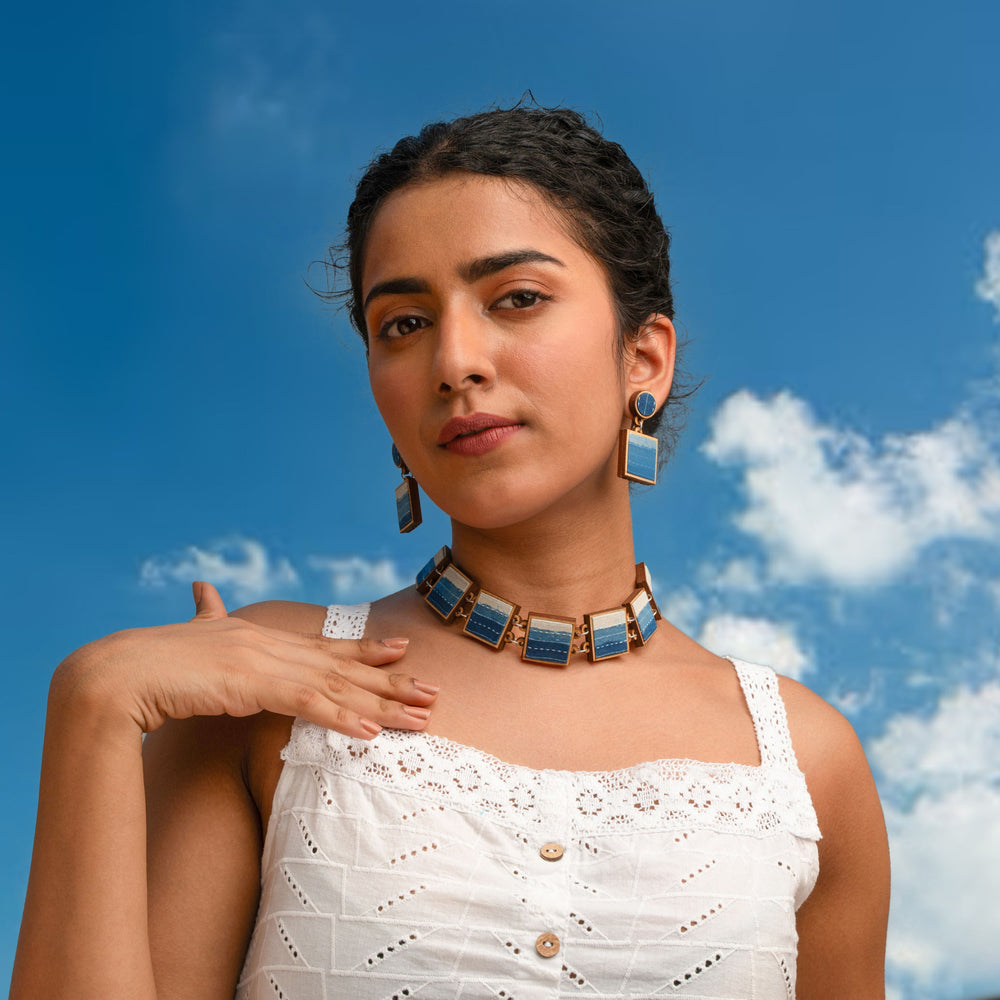 Shades of Indigo Blue Repurposed Fabric and Wood Square Choker
