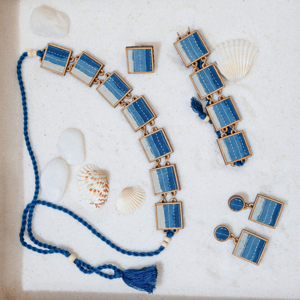 Shades of Indigo Blue Repurposed Fabric and Wood Square Choker