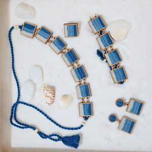 Shades of Indigo Blue Repurposed Fabric and Wood Square Choker