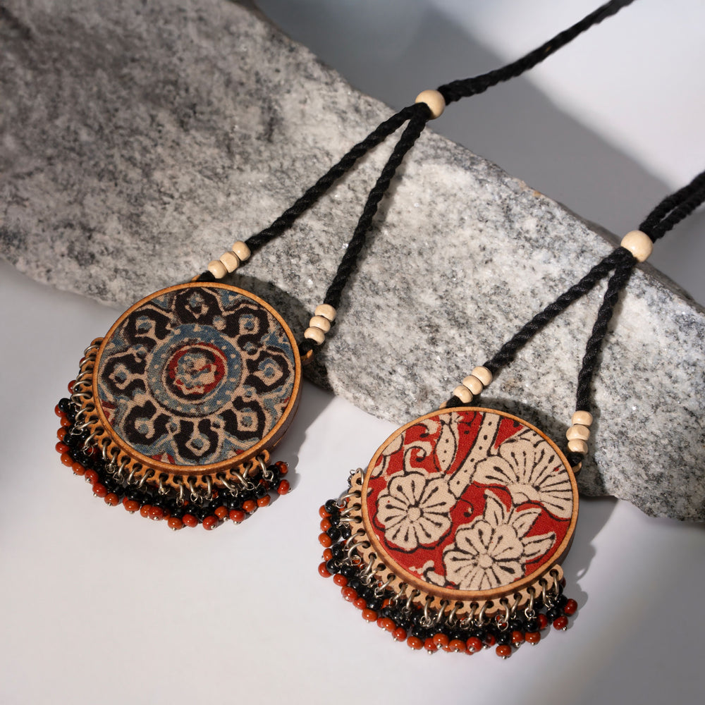 Two in One Black and Red Repurposed Fabric and Wood Round Pendant
