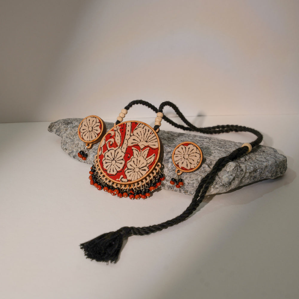 Two in One Black and Red Repurposed Fabric and Wood Round Pendant