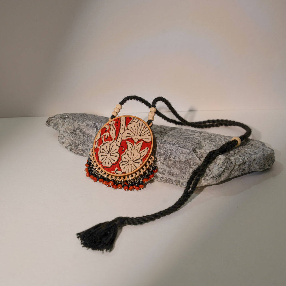 Two in One Black and Red Repurposed Fabric and Wood Round Pendant