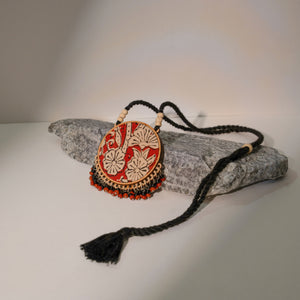 Two in One Black and Red Repurposed Fabric and Wood Round Pendant