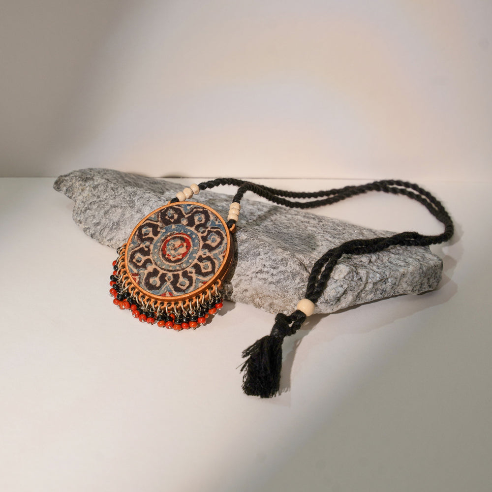 Two in One Black and Red Repurposed Fabric and Wood Round Pendant
