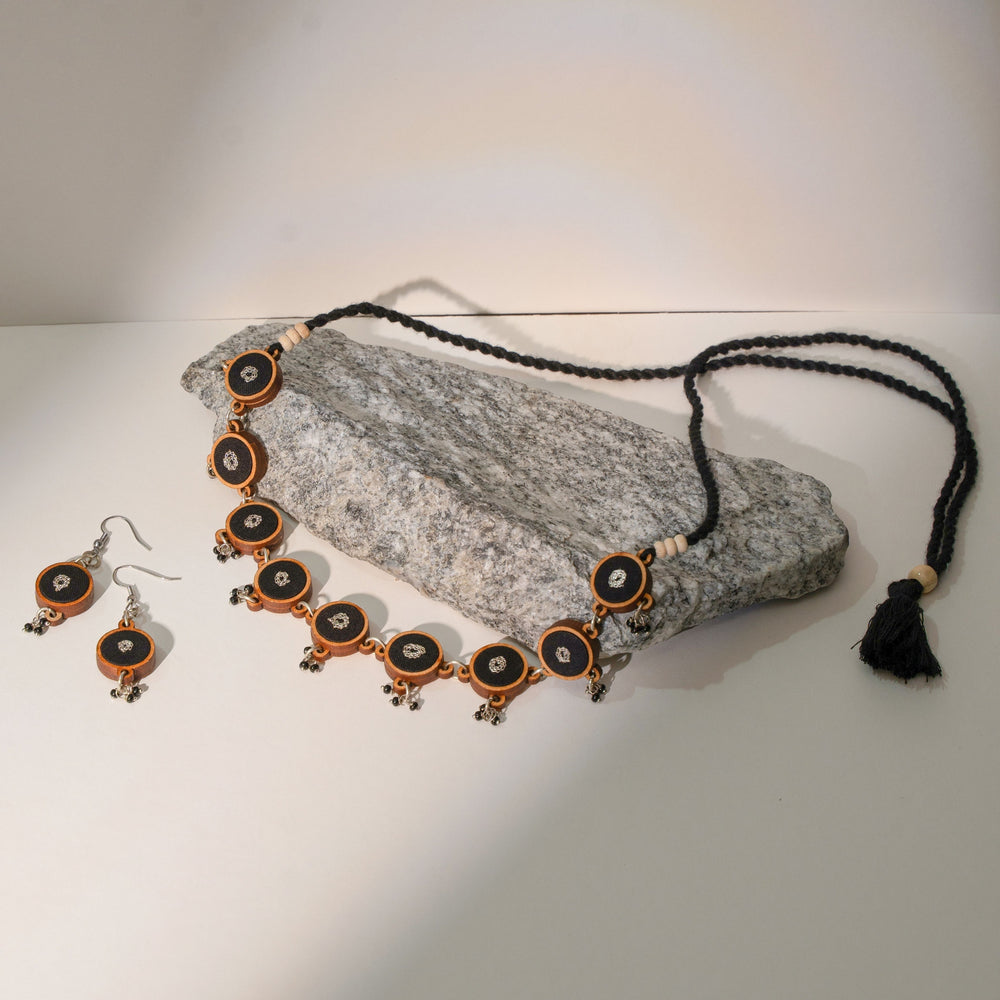 Black Repurposed Fabric and Wood Necklace