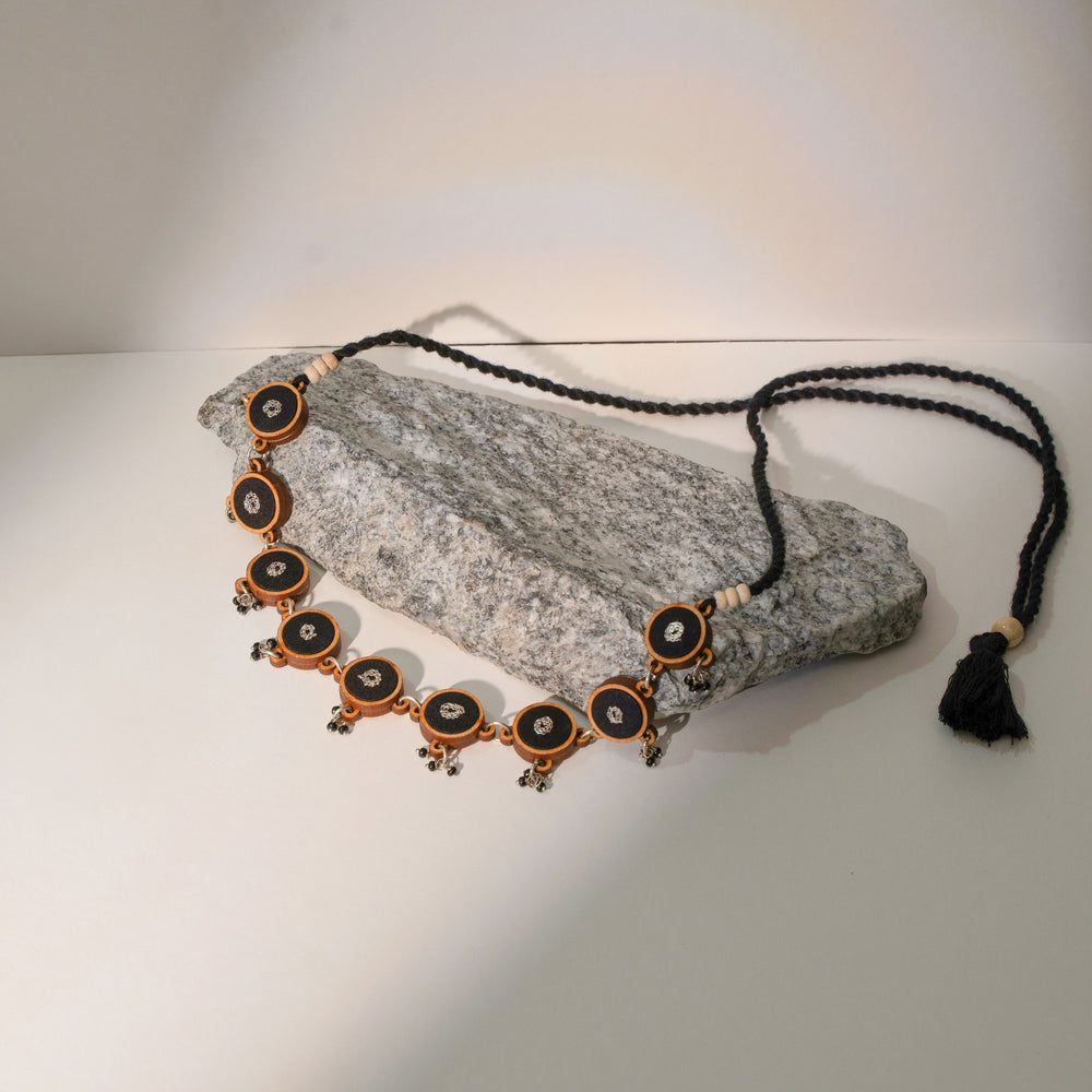 Black Repurposed Fabric and Wood Necklace
