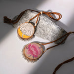 Two in One Pink Yellow Repurposed Fabric and Wood Round Pendant