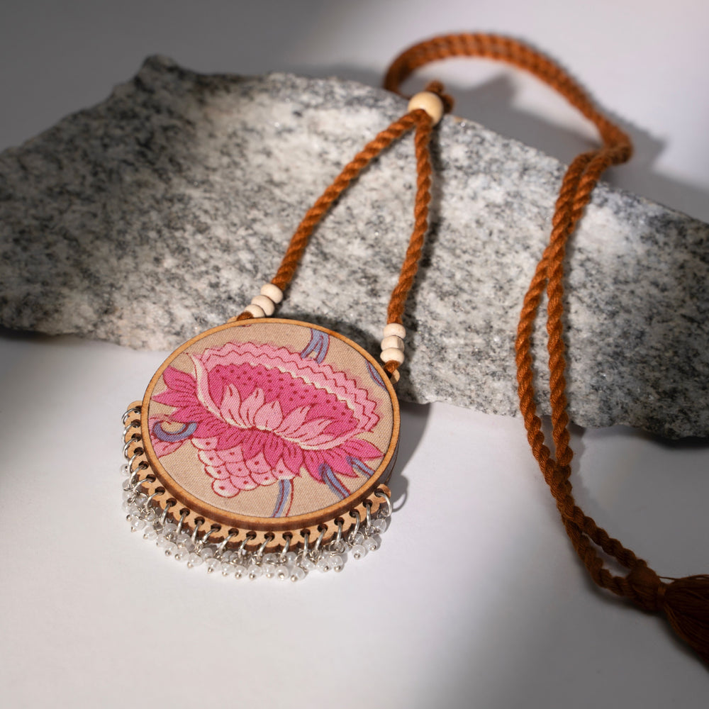 Two in One Pink Yellow Repurposed Fabric and Wood Round Pendant