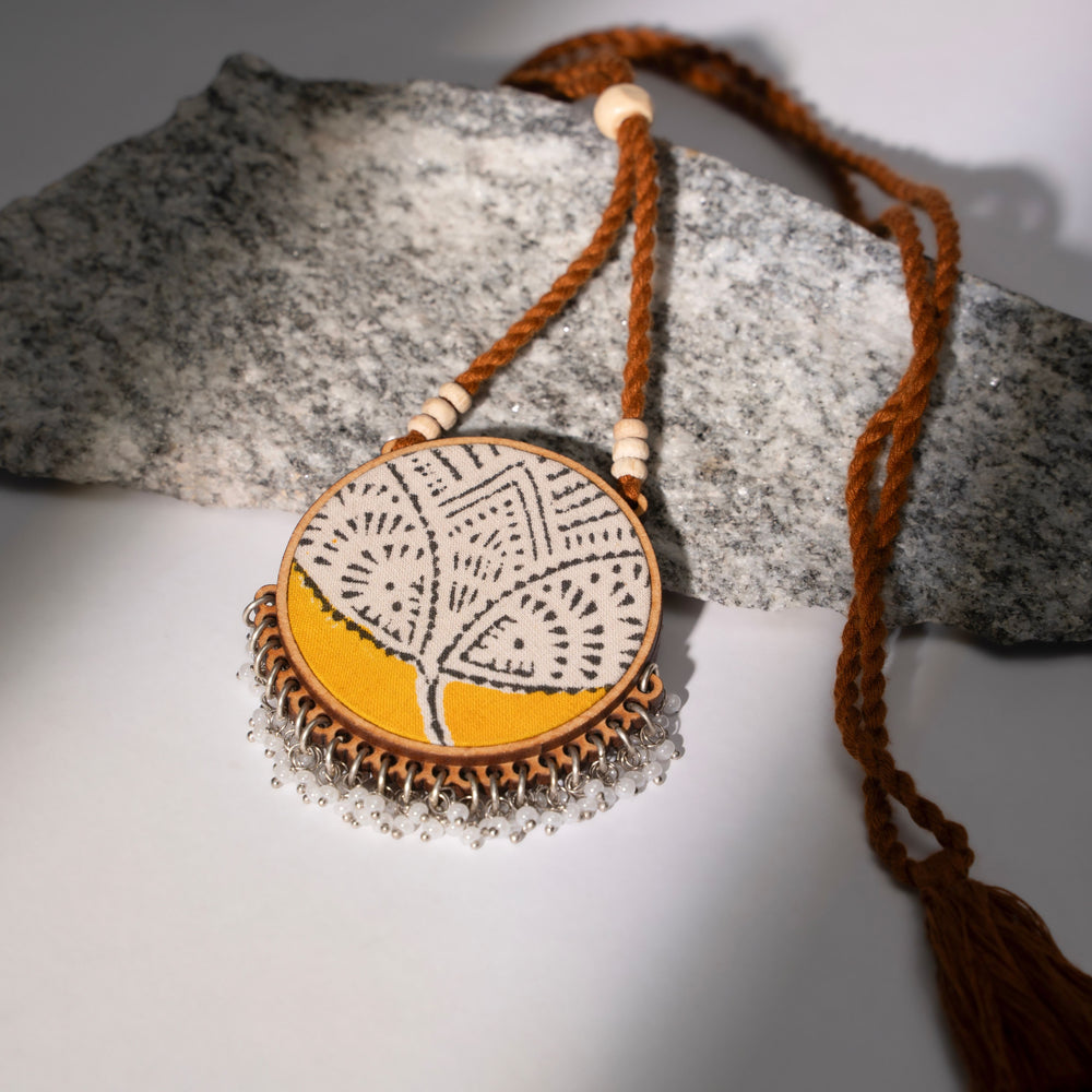 Two in One Pink Yellow Repurposed Fabric and Wood Round Pendant