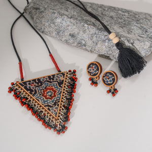 Two in One Multicolor Repurposed Fabric and Wood Triangle Pendant