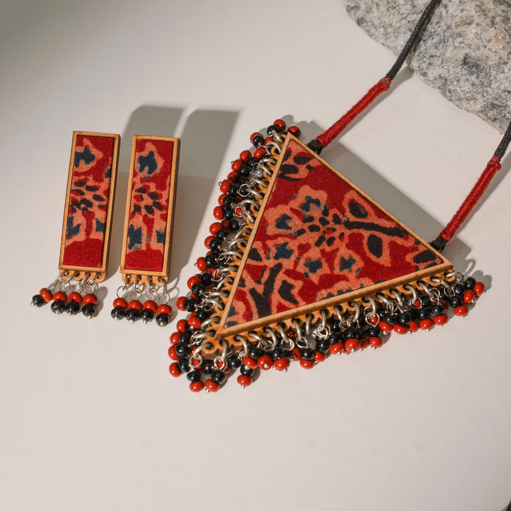 Two in One Multicolor Repurposed Fabric and Wood Triangle Pendant