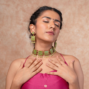 Kantha Green Repurposed Silk Fabric and Wood Necklace