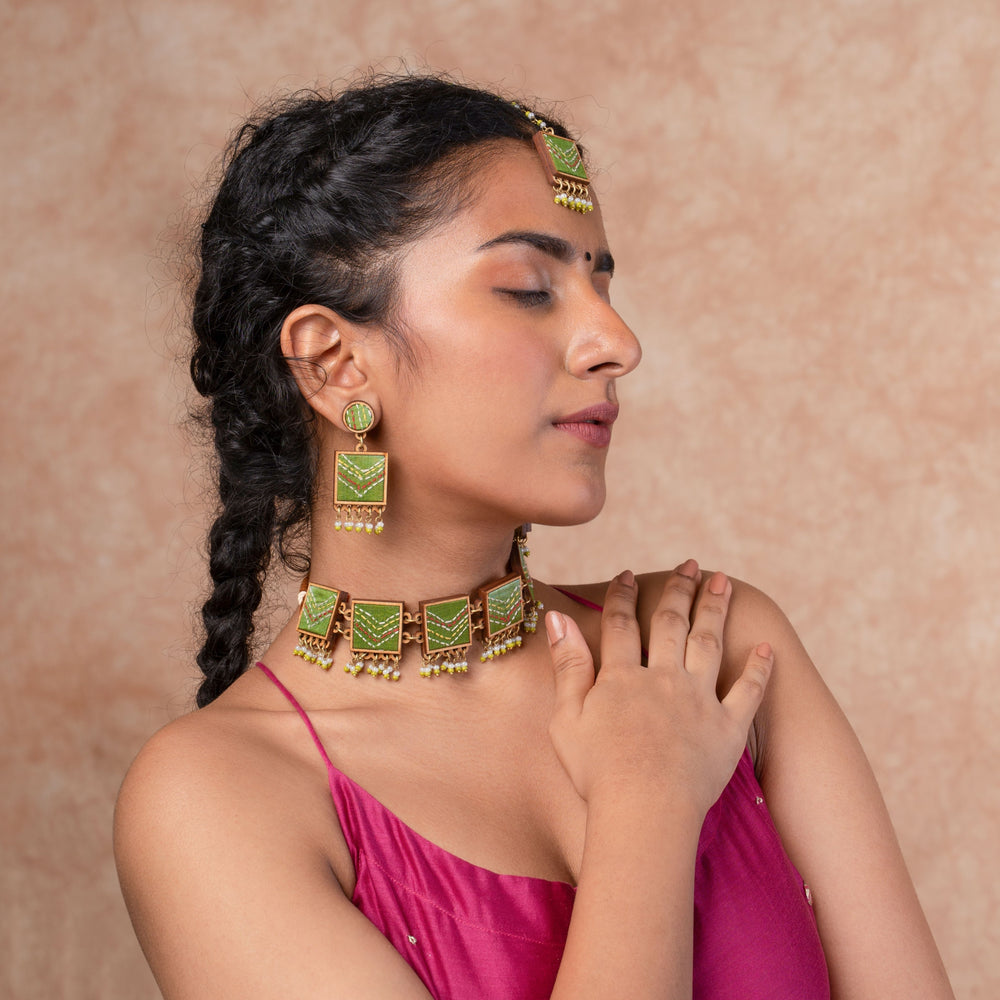 Kantha Green Repurposed Silk Fabric and Wood Necklace