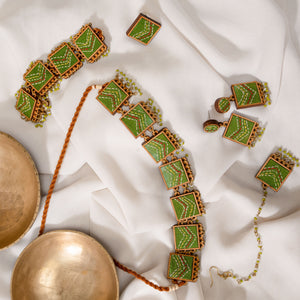 Kantha Green Repurposed Silk Fabric and Wood Necklace