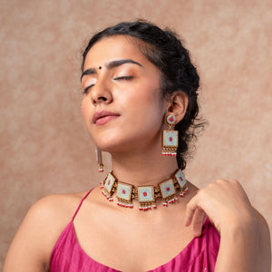 Kantha Columbia Blue Repurposed Silk Fabric and Wood Necklace