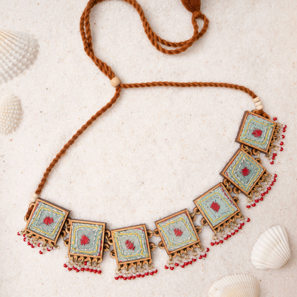 Kantha Columbia Blue Repurposed Silk Fabric and Wood Necklace