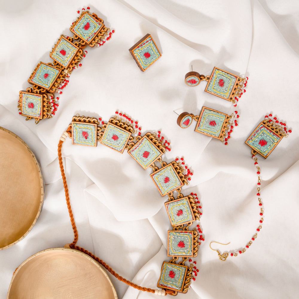 Kantha Columbia Blue Repurposed Silk Fabric and Wood Necklace