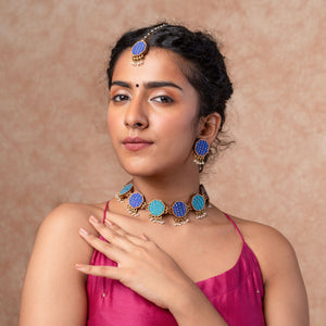 Neel Tarang Kantha Repurposed Silk Fabric and Wood Necklace