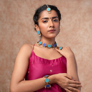 Neel Tarang Kantha Repurposed Silk Fabric and Wood Necklace