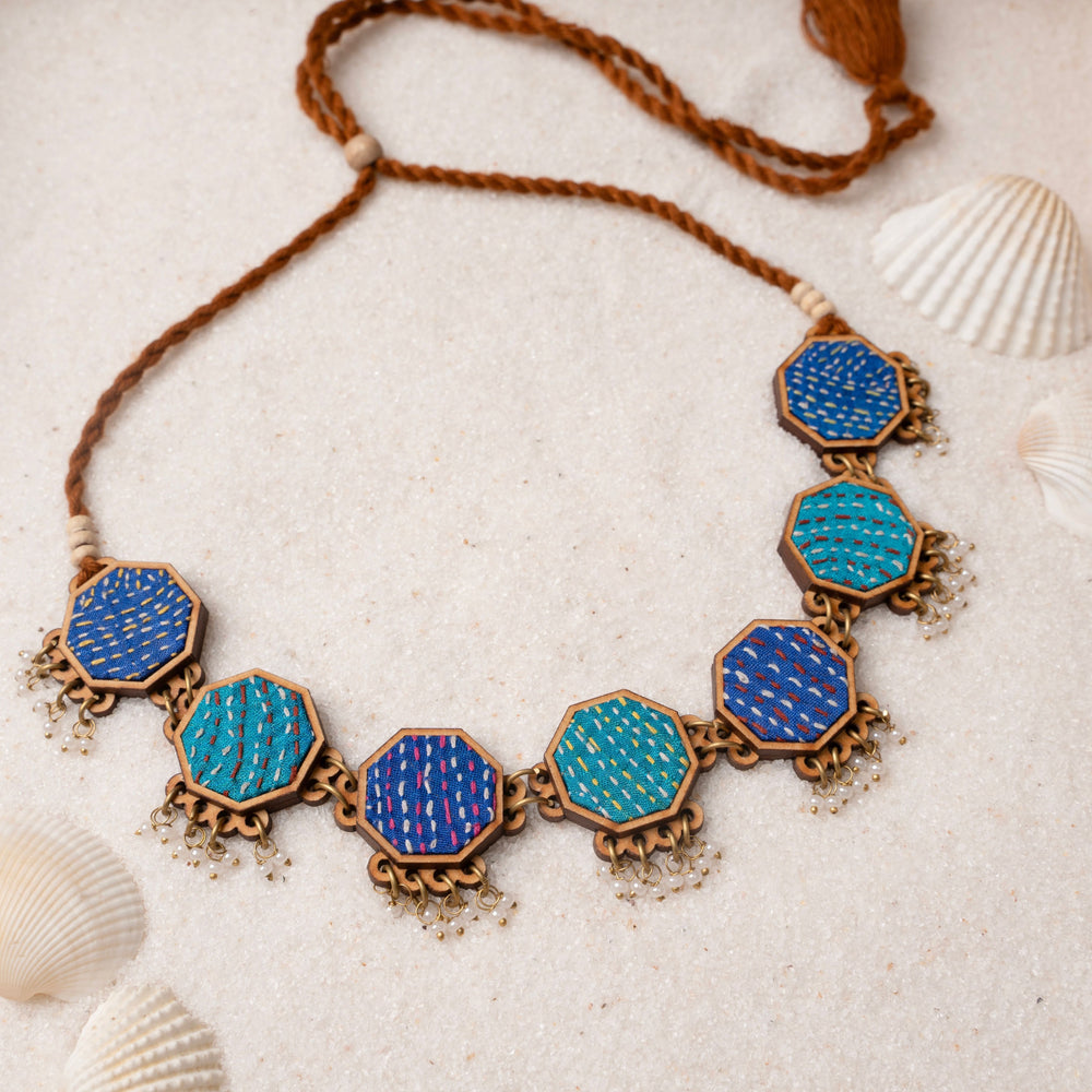 Neel Tarang Kantha Repurposed Silk Fabric and Wood Necklace