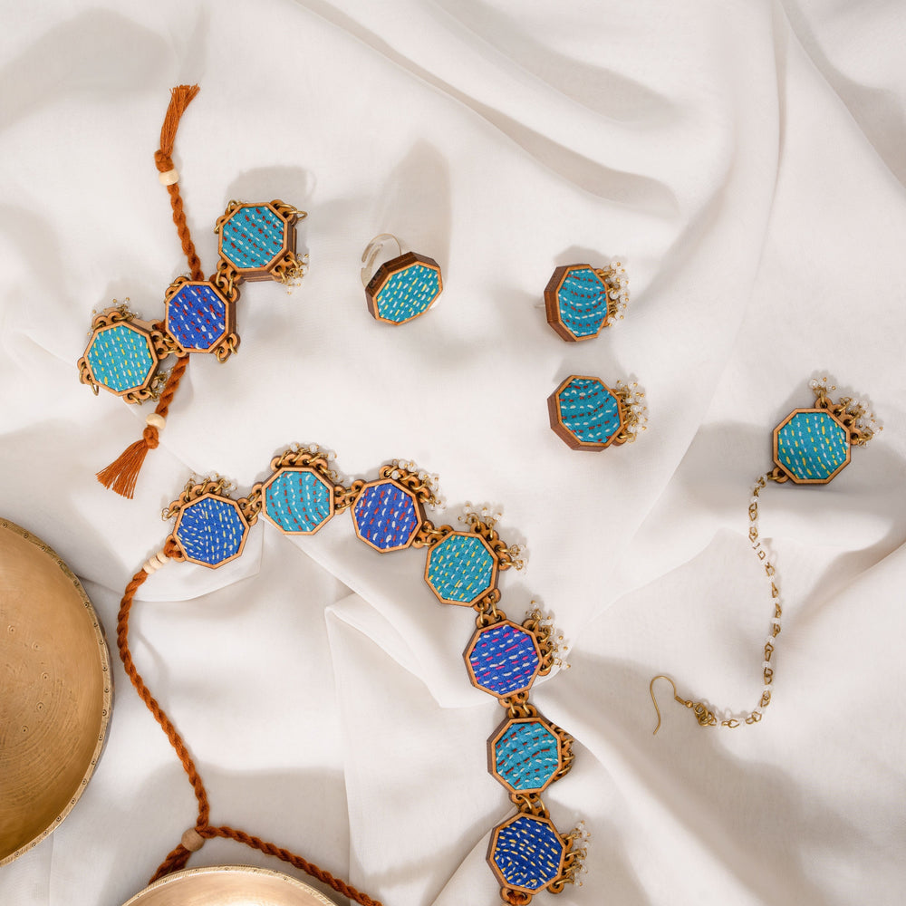Neel Tarang Kantha Repurposed Silk Fabric and Wood Necklace