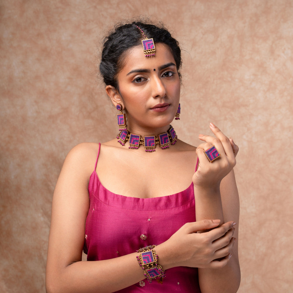 Pink Purple Kantha Repurposed Silk Fabric and Wood Necklace