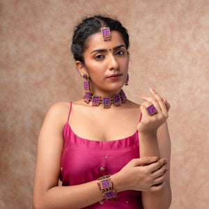 Pink Purple Kantha Repurposed Silk Fabric and Wood Necklace