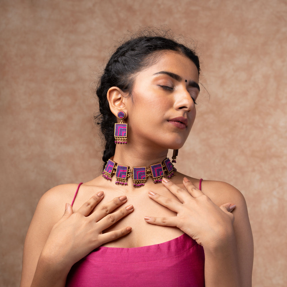 Pink Purple Kantha Repurposed Silk Fabric and Wood Necklace
