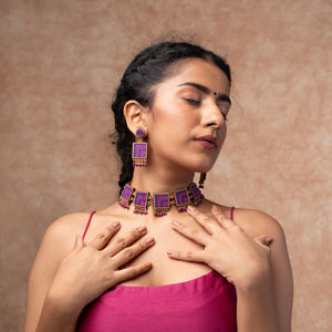 Pink Purple Kantha Repurposed Silk Fabric and Wood Necklace