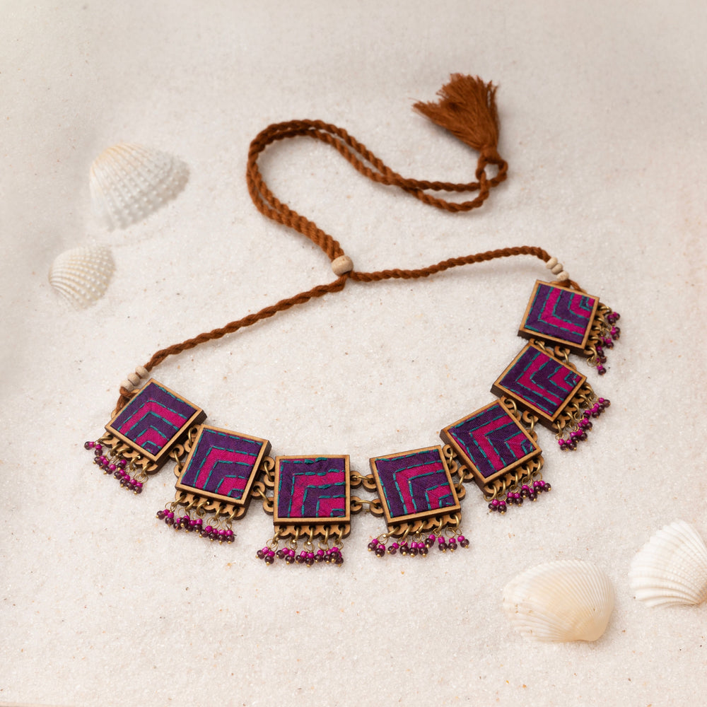 Pink Purple Kantha Repurposed Silk Fabric and Wood Necklace