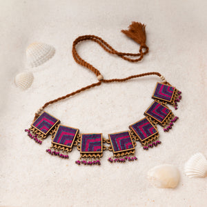 Pink Purple Kantha Repurposed Silk Fabric and Wood Necklace