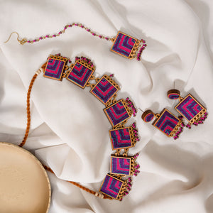 Pink Purple Kantha Repurposed Silk Fabric and Wood Necklace