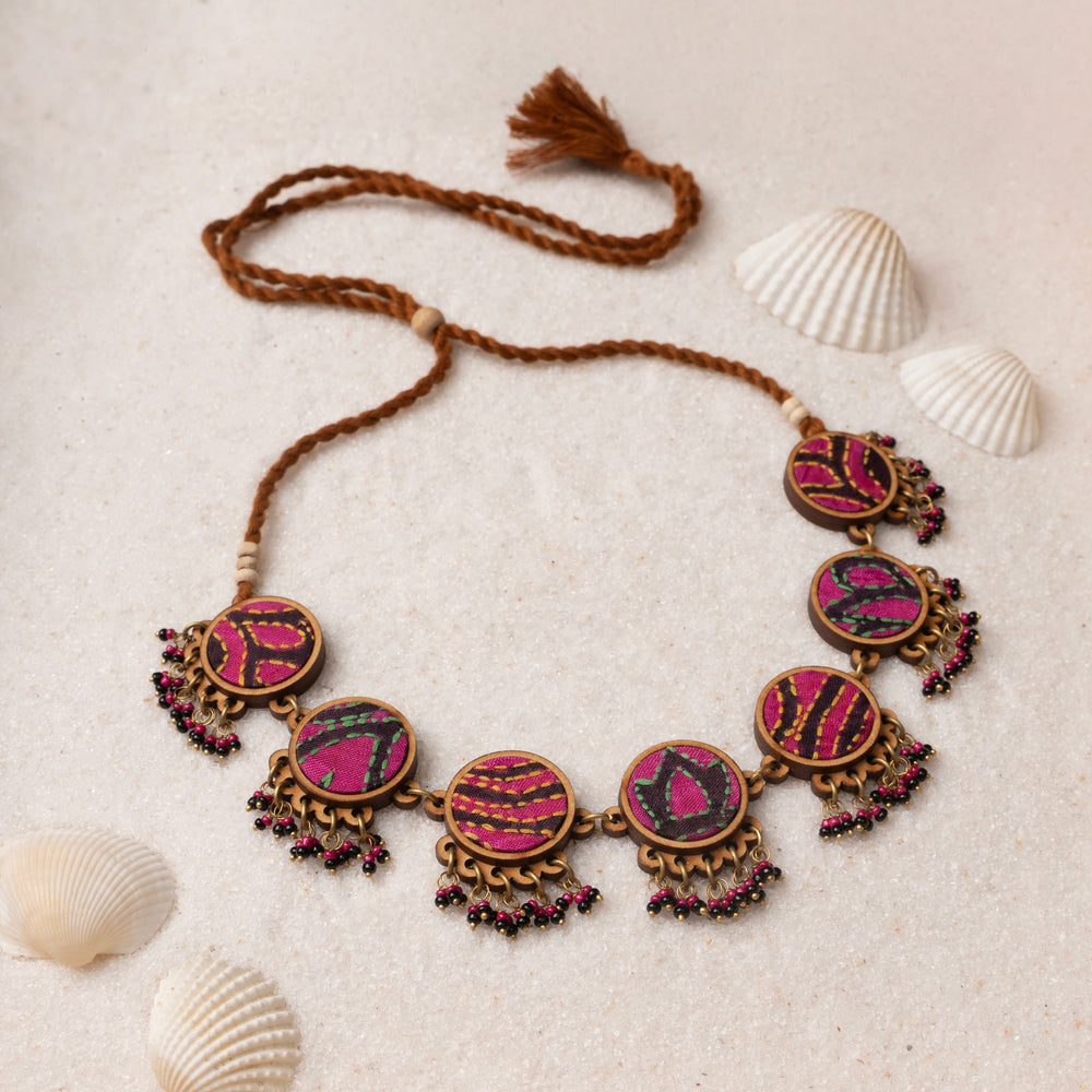 Multicolor Kantha Silk Fabric and Repurposed Wood Necklace