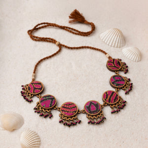 Multicolor Kantha Silk Fabric and Repurposed Wood Necklace