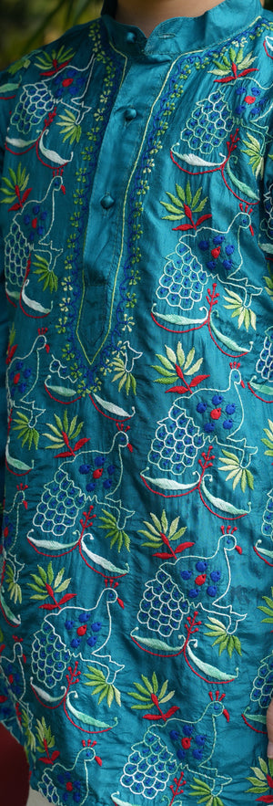 Hand Embroidered Peacock Jaal Silk Kurta In Chikankankari