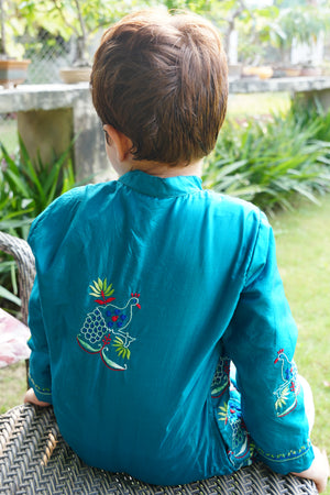 Hand Embroidered Peacock Jaal Silk Kurta In Chikankankari