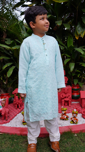 Sky Blue Rainbow Jaal Hand Embroidered Chikankari Kurta