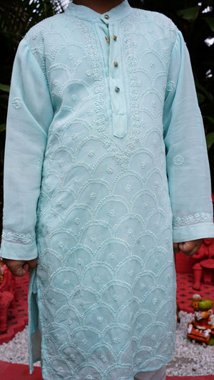 Sky Blue Rainbow Jaal Hand Embroidered Chikankari Kurta