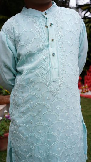 Sky Blue Rainbow Jaal Hand Embroidered Chikankari Kurta