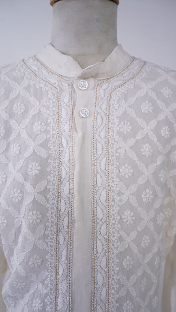 Sherwani Style Chikankari Jaal Kurta With Gold Ari Work