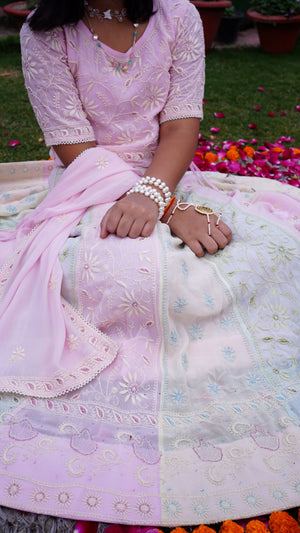 Rajkumari Multi Coloured Chikankari Lehenga With Cut Dana And Hand Embroidery