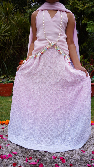Shaded Chikankari And Moti Hand Embroidered Lehenga Skirt With Blouse And Shaded Dupatta