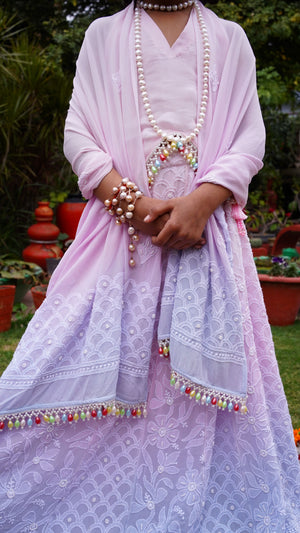 Shaded Chikankari And Moti Hand Embroidered Lehenga Skirt With Blouse And Shaded Dupatta