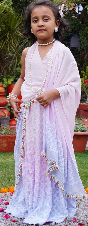 Shaded Chikankari And Moti Hand Embroidered Lehenga Skirt With Blouse And Shaded Dupatta