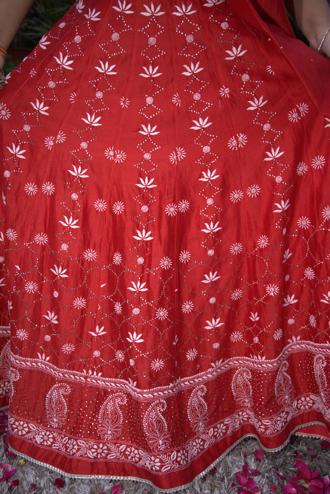 Showstopper Red Lotus And Mukaish Lehenga On Pure Chanderi