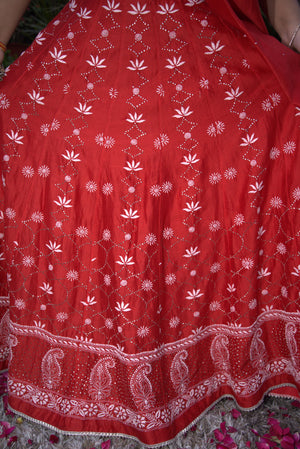 Showstopper Red Lotus And Mukaish Lehenga On Pure Chanderi