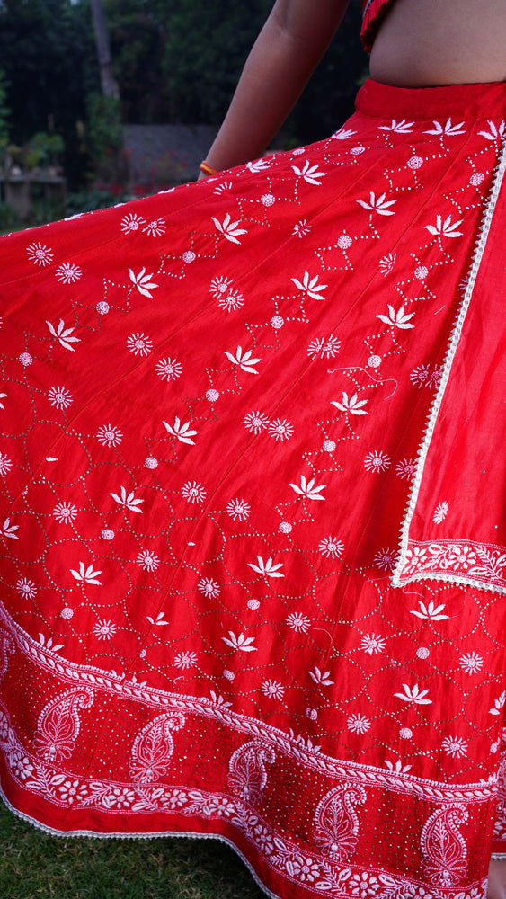 Showstopper Red Lotus And Mukaish Lehenga On Pure Chanderi