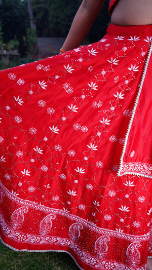 Showstopper Red Lotus And Mukaish Lehenga On Pure Chanderi
